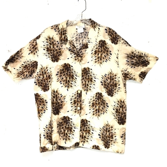 Teddi women's top button down short sleeve cream & brown Size: L - Picture 1 of 5